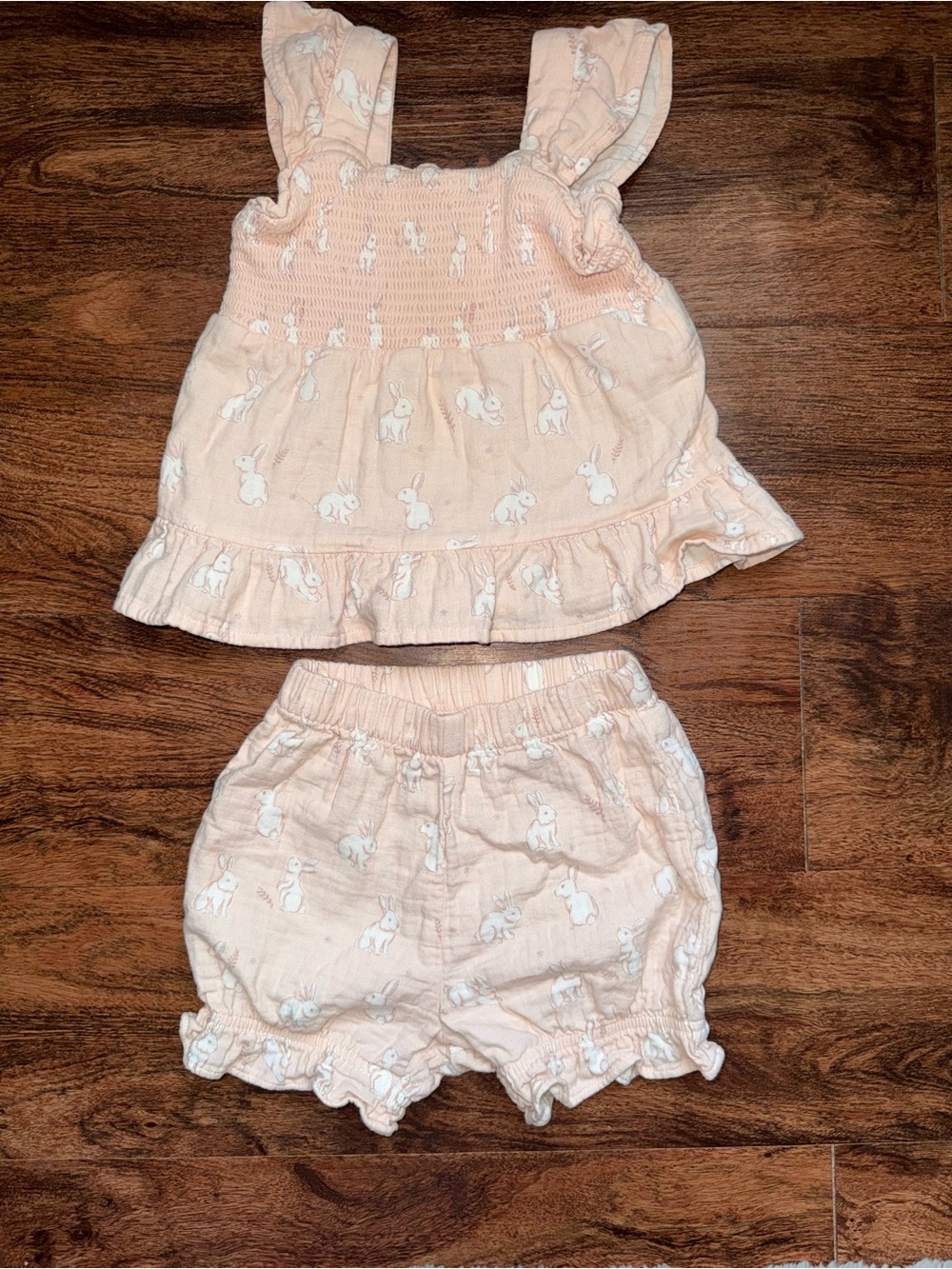cloud island Peach & White Bunny Print Tank Top and Shorts Set
